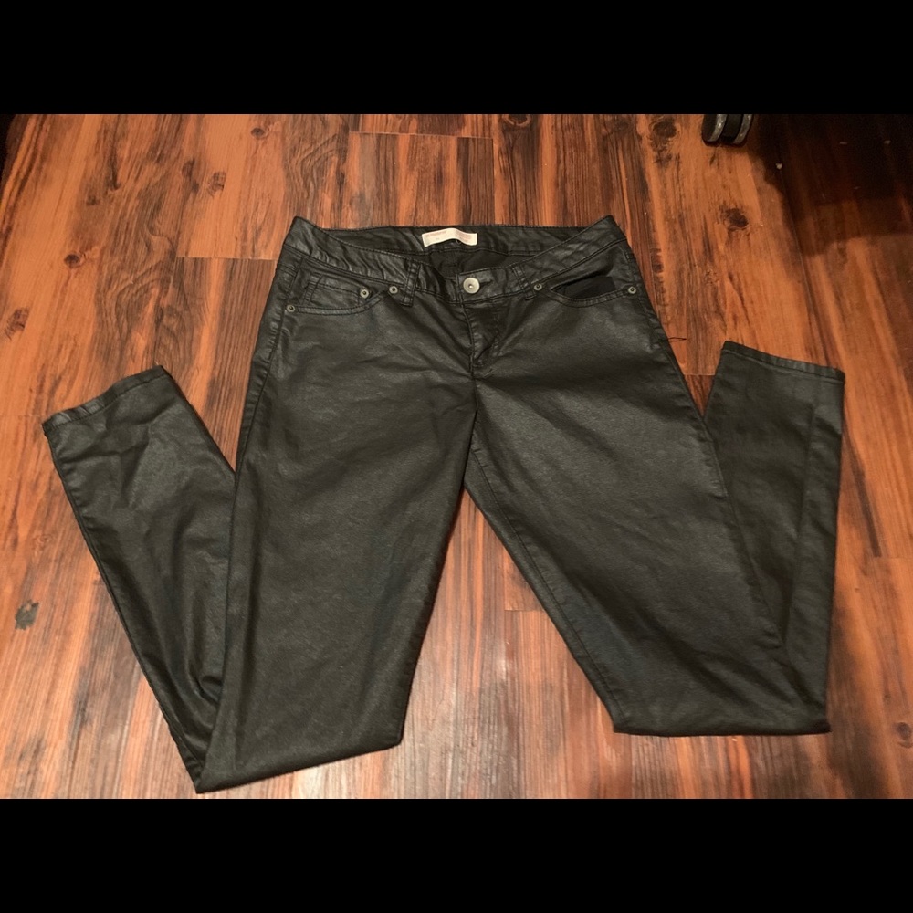 Black faux leather skinny jeans